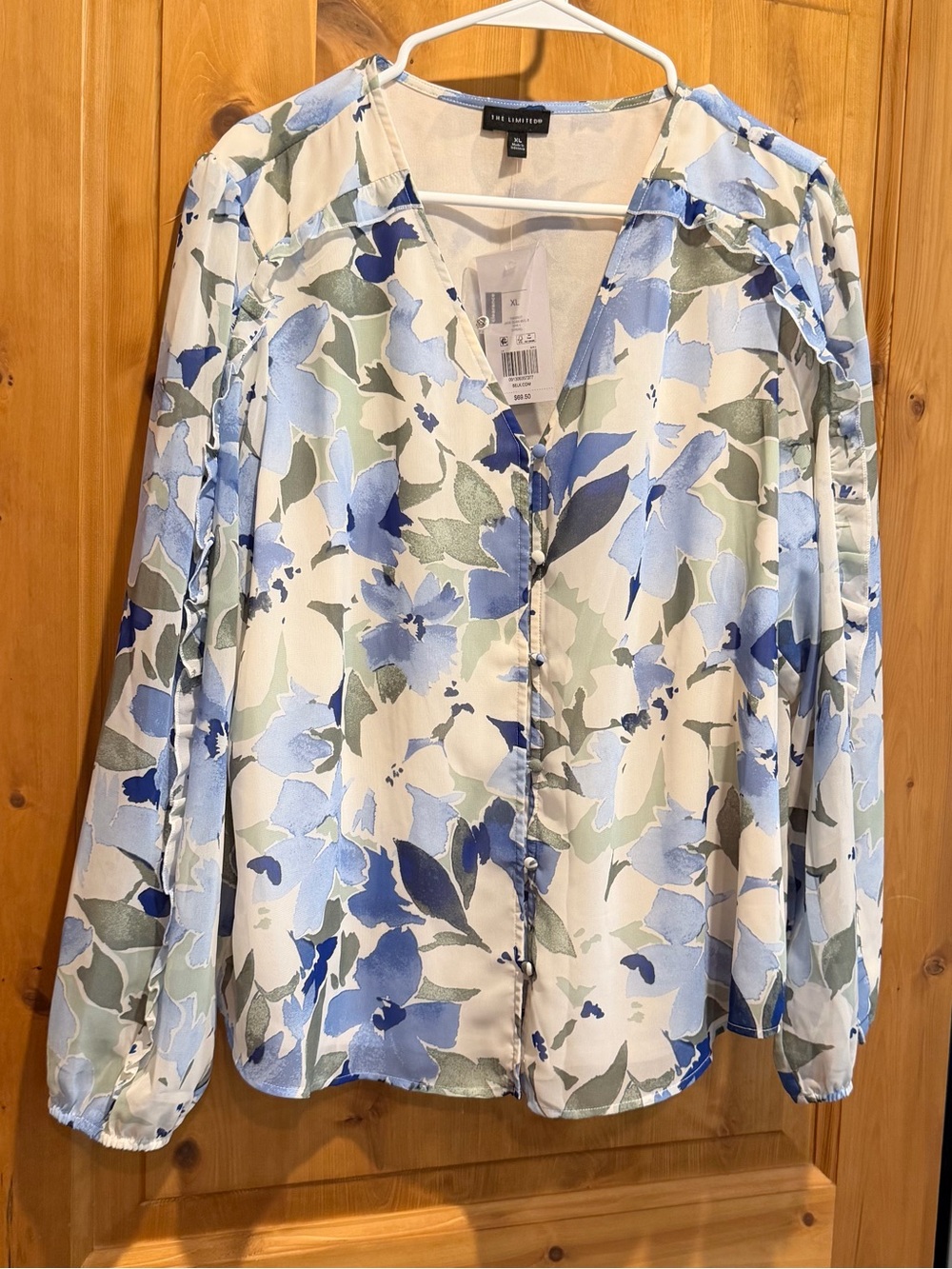 The Limited Blue, White & Green Floral V-Neck Blouse